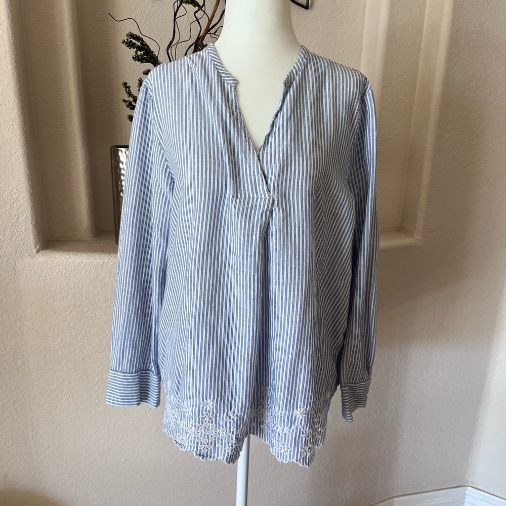 Blue And White Striped Embroidered Eyelet Notch Collar Popover Top Tunic Large
